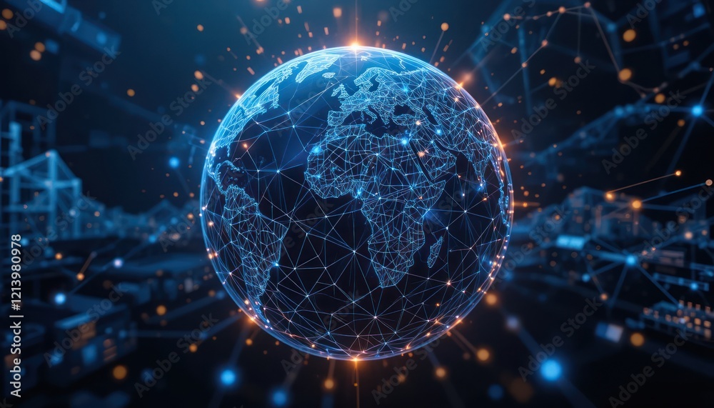 Obraz premium Global Network, Digital Earth, Data Visualization, Interconnected World, in Abstract Background