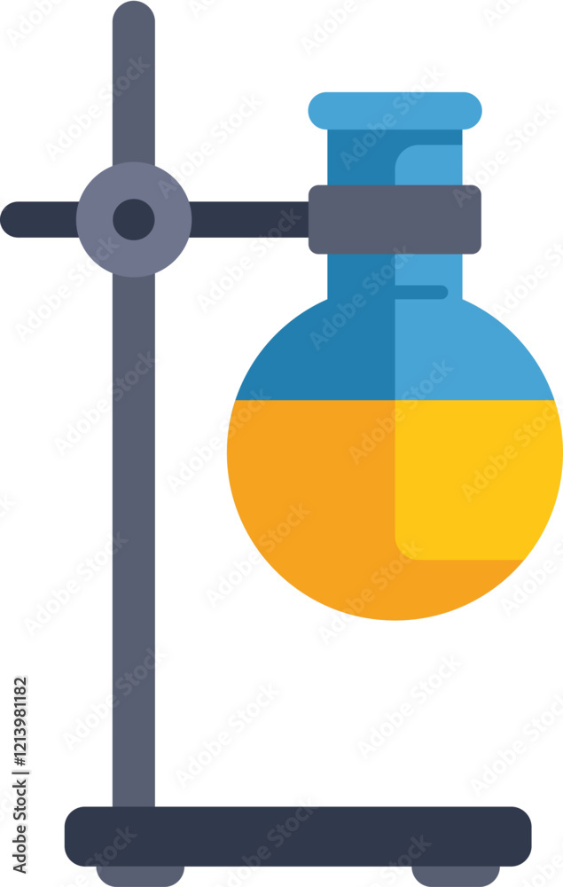 Laboratory glassware with yellow liquid is secured to a support stand Laboratory glassware with yellow liquid is secured to a support stand