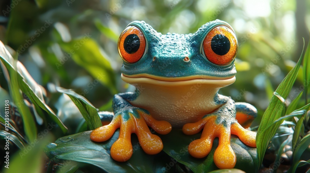 Cartoon art style, a frog with exaggerated features and a playful expression, rendered in bold, vivid colors and set in a whimsical, animated scene.