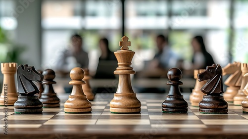 Chessboard strategy, office background, teamwork