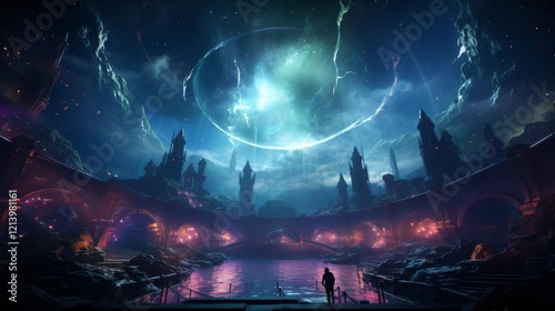 A large, colorful, and mysterious scene with a large, glowing orb in the center
