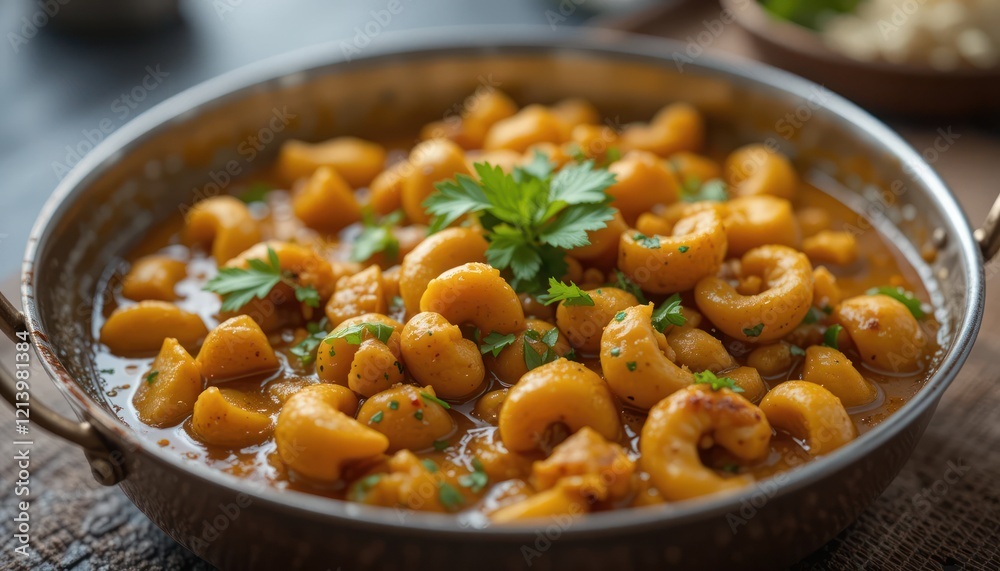 Golden curry dish in copper pan, with rice and herbs in background Golden curry dish in copper pan, with rice and herbs in background