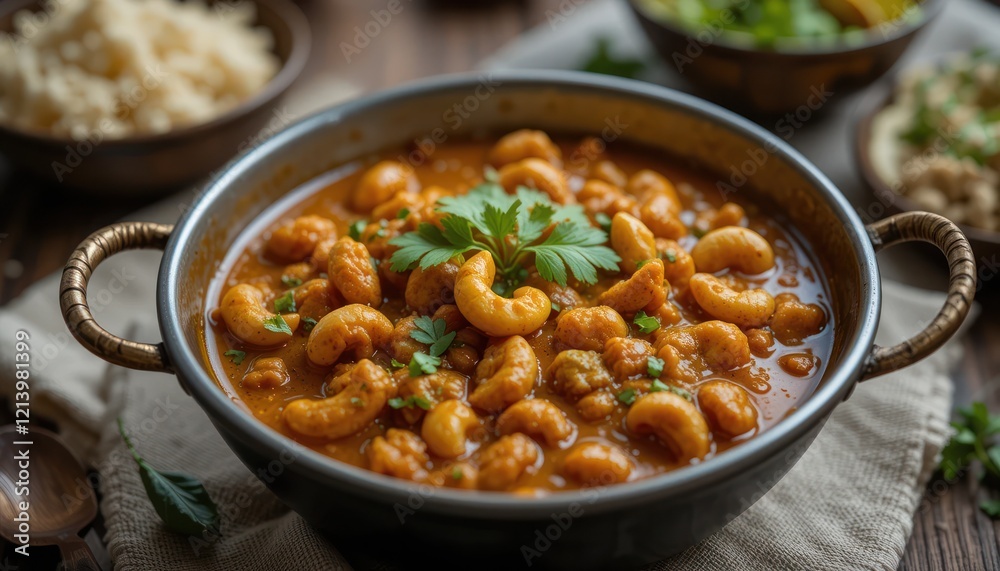 Delicious cashew curry in a pan, with couscous and salad, on a wooden table Delicious cashew curry in a pan, with couscous and salad, on a wooden table