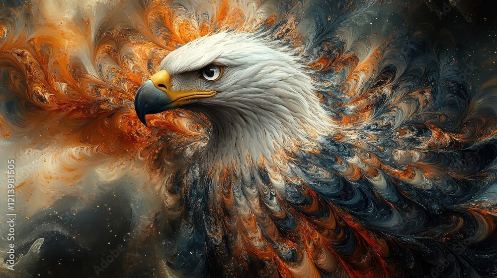Fototapeta premium Playful, Textured pattern, an eagle portrayed with intricate, lively patterns and dynamic textures, creating an engaging and vibrant image with a sense of movement and energy.