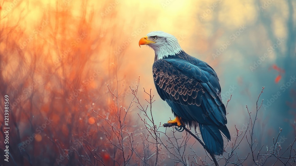 Fototapeta premium Background, an eagle set against a minimalist or natural backdrop with subtle gradients and soft details, emphasizing its majestic presence in a serene and calming environment.