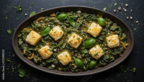 Baked Spinach and Cheese, Oval Dish, Dark Background, Herbs photo