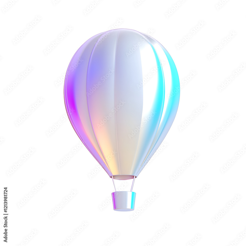 A 3D-rendered hot air balloon with an iridescent surface, showcasing a gradient of soft pastel colors. The sleek, shiny design is perfect for celebratory, travel-themed, or digital design projects. A 3D-rendered hot air balloon with an iridescent surface, showcasing a gradient of soft pastel colors. The sleek, shiny design is perfect for celebratory, travel-themed, or digital design projects.