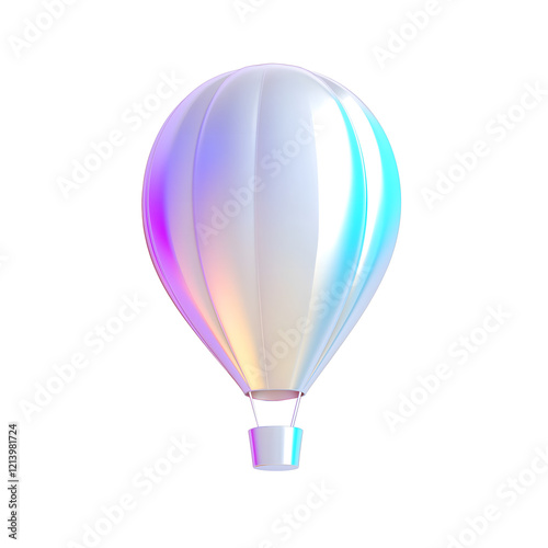 A 3D-rendered hot air balloon with an iridescent surface, showcasing a gradient of soft pastel colors. The sleek, shiny design is perfect for celebratory, travel-themed, or digital design projects.
