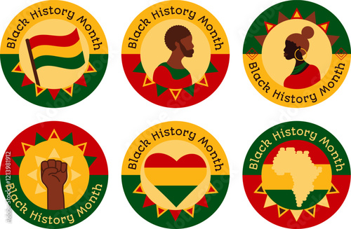 Black History Month badges set with the inscription. African-American History Month signs in red, yellow, and green colors dedicated to achievements by African Americans.