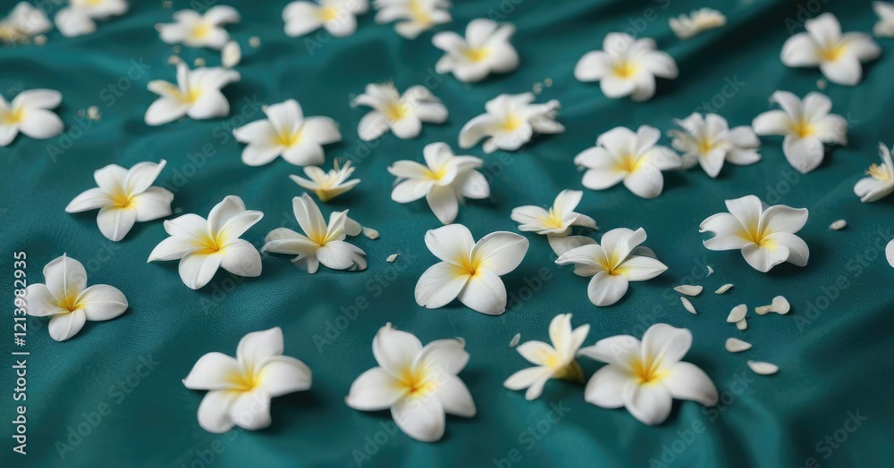 Delicate white plumeria petals scattered on a teal fabric background, petals, close-up Delicate white plumeria petals scattered on a teal fabric background, petals, close-up