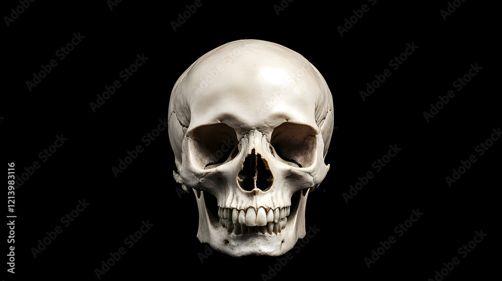 Front view of a natural human skull on an isolated black background, showcasing the intricate details and structure of the human skull, perfect for anatomy, medical education, and science-related them Front view of a natural human skull on an isolated black background, showcasing the intricate details and structure of the human skull, perfect for anatomy, medical education, and science-related them