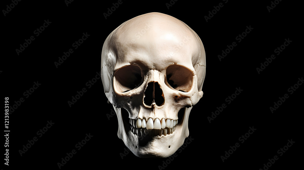Front view of a natural human skull on an isolated black background, showcasing the intricate details and structure of the human skull, perfect for anatomy, medical education, and science-related them Front view of a natural human skull on an isolated black background, showcasing the intricate details and structure of the human skull, perfect for anatomy, medical education, and science-related them