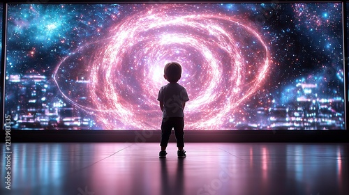 Child gazing at cosmic city screen