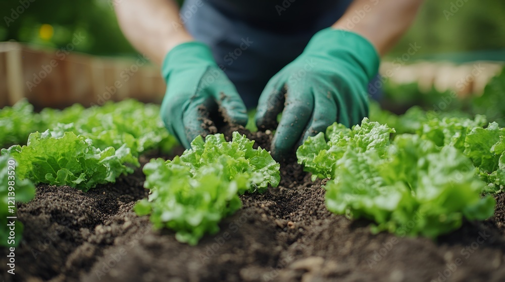 Fototapeta premium Hands planting lettuce, organic gardening, fresh produce, healthy growth, farm work, ideal for agriculture, food and lifestyle themes.
