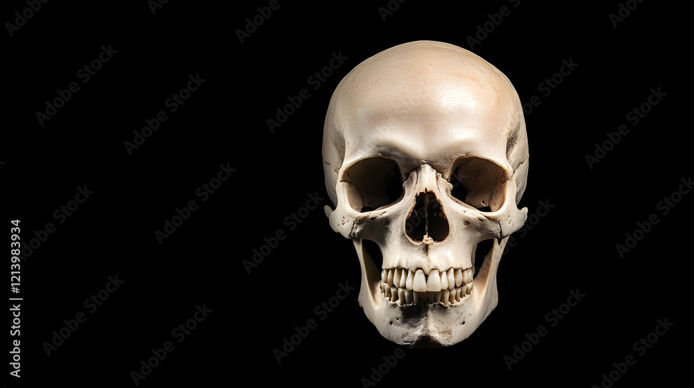 Front view of a natural human skull on an isolated black background, showcasing the intricate details and structure of the human skull, perfect for anatomy, medical education, and science-related them