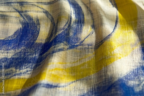 Abstract blue and yellow swirls dance on a textured off-white linen fabric, creating a dynamic and elegant backdrop. photo