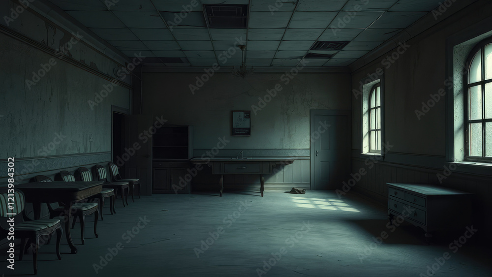 dimly lit room with peeling walls and old furniture, worn upholstery, rusty door handles, cracked plaster, wooden floors, flickering fluorescent lights