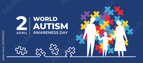 World Autism Awareness Day - White family hand hold hand stand on line with colorful puzzle texture background vector design