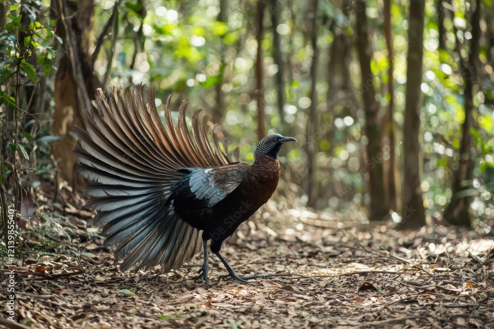 Fototapeta premium A lyrebird displaying its impressive tail feathers in a forest clearing, mimicking various bird calls. 