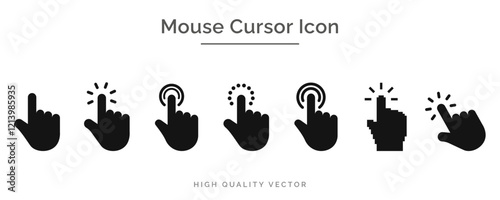 Hand cursor, pointer, mouse, click flat icon set. Computer, button, progress, licking cursor, pointing hand clicks, waiting loading icons pack. Vector illustration with transparent background.