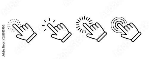 Hand cursor, pointer, mouse, click line icon set. Computer, button, progress, licking cursor, pointing hand clicks, waiting loading icons pack. Vector illustration with transparent background.
