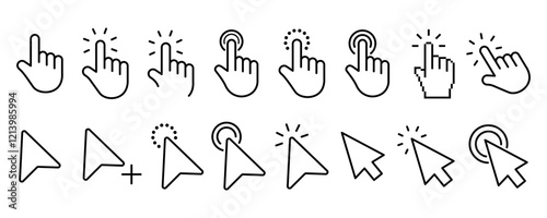 Pointer, mouse, click, hand cursor line icon set. Computer, button, progress, licking cursor, pointing hand clicks, waiting loading icons pack. Vector illustration with transparent background.
