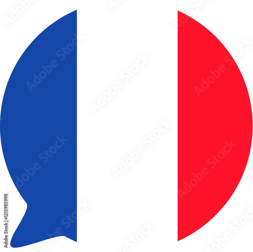 Souvenir speech bubble in colors of France flag, meeting foreign guests. Traditional festive element, attributes of French flag day. Cartoon vector icon in national colors