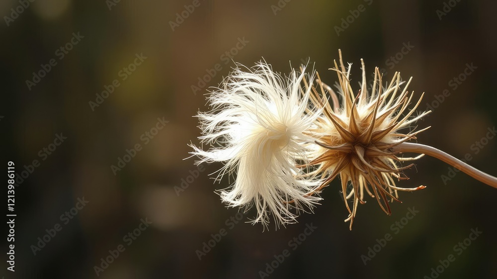 Dried weed stalk with fluffy sticky seed under sunlight, botanical, dry, autumn Dried weed stalk with fluffy sticky seed under sunlight, botanical, dry, autumn