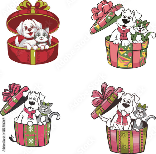 Adorable Christmas Puppies and Kittens in Gift Boxes – Cute Holiday Pet Illustrations, Festive Presents, and Playful Cartoon Animals in a Whimsical Christmas-Themed Design