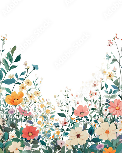 Wallpaper Mural Border of Blooming Pastel Wildflowers and Green Leaves - Wildflower Border with Pastel Colors - Pastel Wildflowers and Green Foliage Border Design Torontodigital.ca