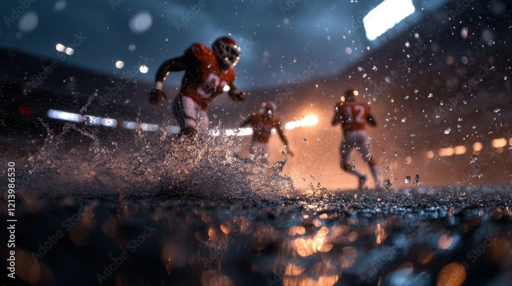 Naklejka premium Dramatic Football Game in Rainy Conditions with Players Splashing Water