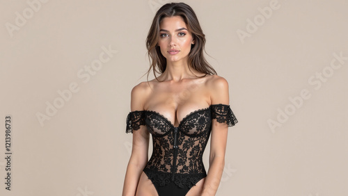 An elegant woman in a black lace bodysuit exudes confidence against a soft beige background. photo