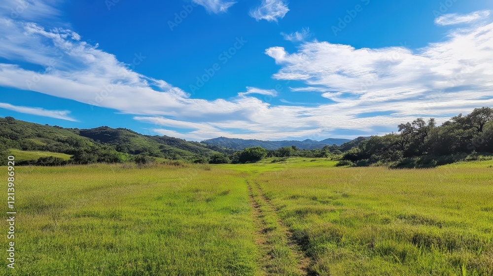 Lush Green Meadow Trail with Mountain Backdrop under a Clear Blue Sky with Wispy Clouds. Lush Green Meadow Trail with Mountain Backdrop under a Clear Blue Sky with Wispy Clouds.