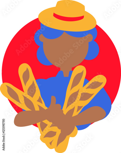 Colorful vector illustration of a character in a hat and with traditional french bakery in a flat cartoon style. A french bread festival, rich baking heritage, a sample from top bakeries, a bread-maki