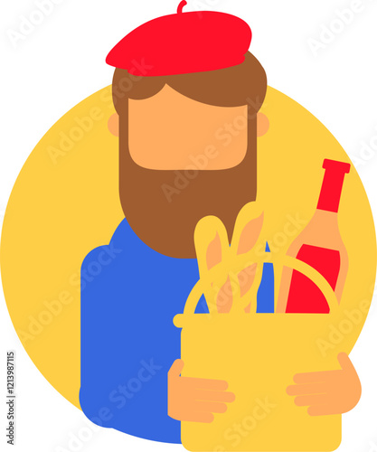 Colorful vector illustration of a man in a beret with a basket of food in a flat cartoon style. An exquisite traditional french food and cuisine, the wine and bread festival in France, picnic, tasting