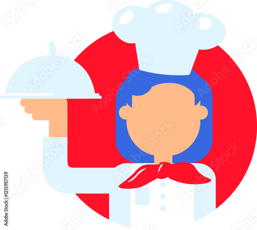 Colorful vector illustration of a French chef in a cap with a dish in a flat cartoon style. A head cook with a tray is delivering some culinary masterpiece. Enjoy your meal! Traditional French cuisine