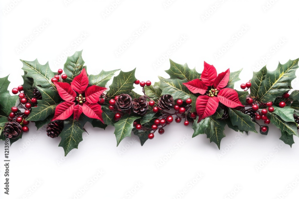 Festive Poinsettia Flower with Red Berries on a White Holly Garland. Generative Ai Festive Poinsettia Flower with Red Berries on a White Holly Garland. Generative Ai