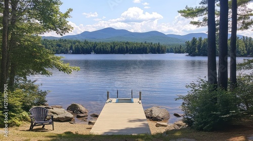 Serene lakeside dock view with distant mountains photo