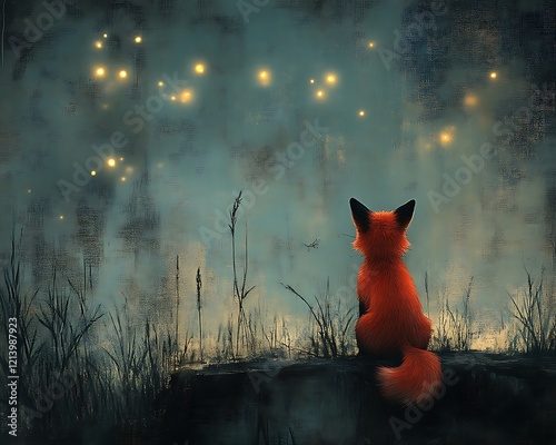 Fox watching fireflies in misty forest. photo