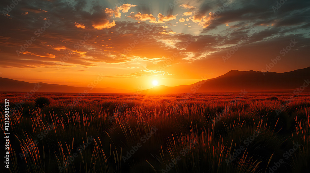 Obraz premium Serene golden sunrise over a tranquil meadow.Back lit on the grass. AI Generated