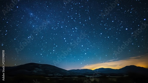 Mesmerizing Starry Night Sky Over Silhouetted Mountains with Orange Horizon Glow.