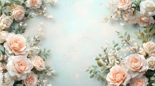 Fototapeta Naklejka Na Ścianę i Meble -  Elegant bouquet of soft pastel colored roses and lush foliage arranged in a vase set against a vintage dreamy background with a romantic feminine aesthetic