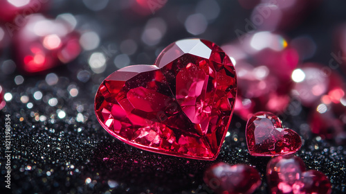 closeup of shimmering red and pink heart shaped gemstones on a black velvet surface. photo