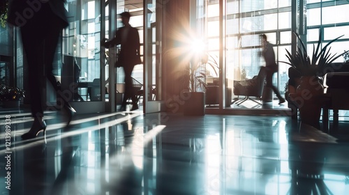 Blurry Silhouettes of People Walking Through a Modern Office Building