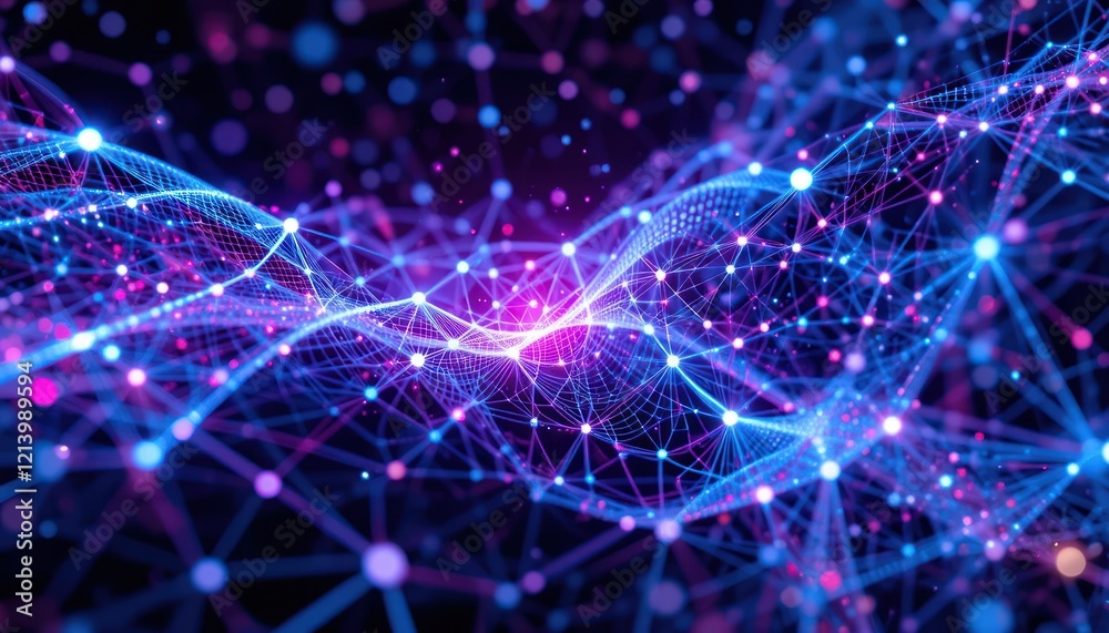 Obraz premium Abstract digital network flowing, glowing nodes, dark background, technology concept