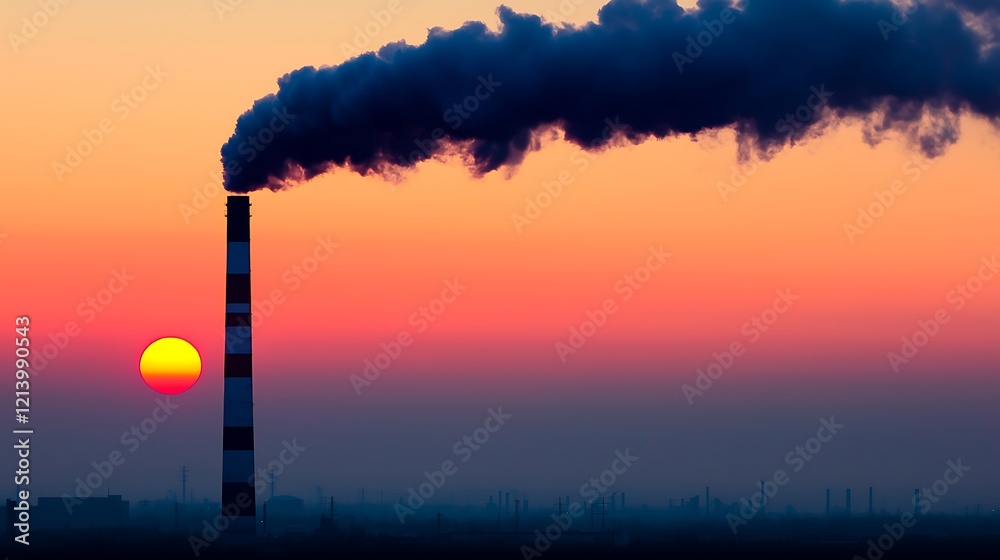 Fototapeta premium A smokestack emits dark smoke against a vibrant sunset, highlighting the contrast between industrial pollution and natural beauty.