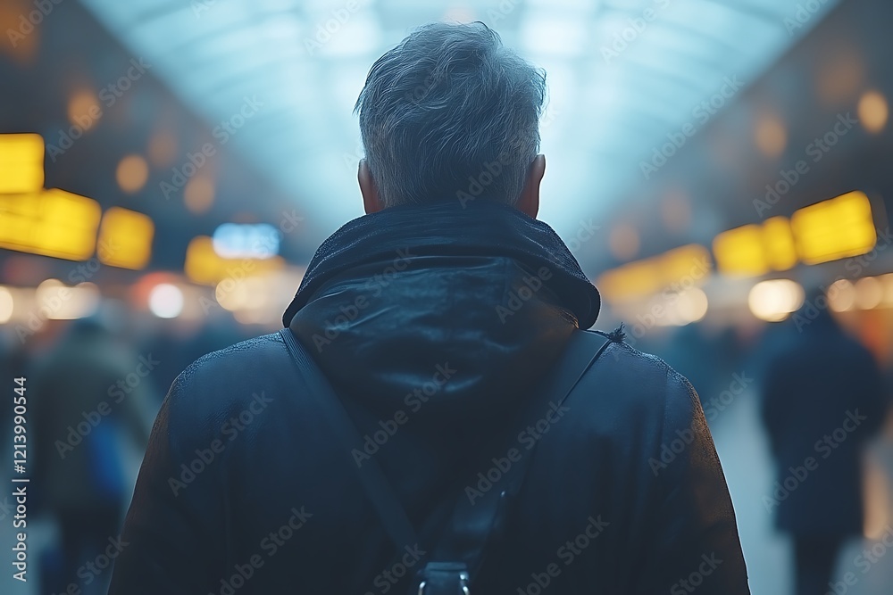 Man in dark coat walking in a busy station.