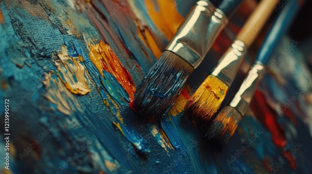 Paintbrushes Resting on a Vibrant Oil Canvas Paintbrushes Resting on a Vibrant Oil Canvas