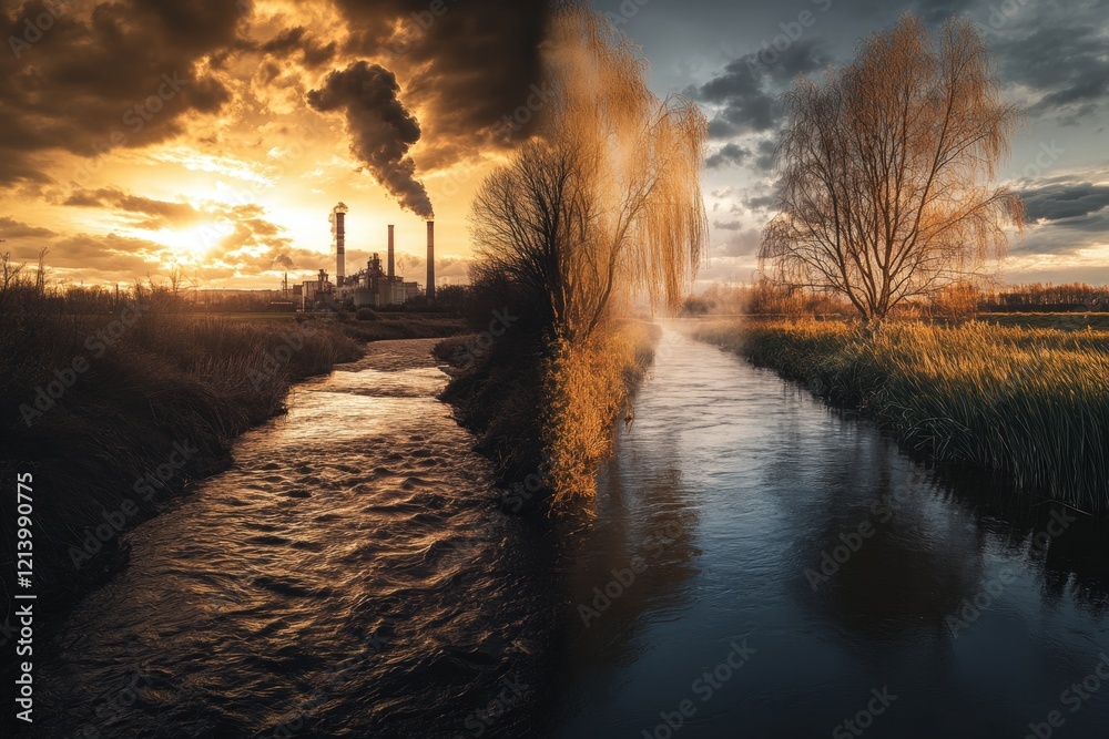 Industrial Contrast Golden Hour Sunset over River and Factory, Environmental Impact Industrial Contrast Golden Hour Sunset over River and Factory, Environmental Impact