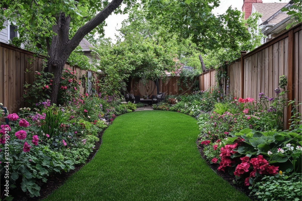 Naklejka premium Lush green lawn in the backyard of an English home with coniferous trees, wooden fences, plants, flowers, and a seating area for relaxation in a peaceful garden setting.